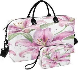 Burbuja Travel Duffel Bag for Women, Pink Lilies Weekender Overnight Bag Shoulder Carry On Tote Bag with Trolley Sleeve, Gym Bag with Toiletry Bag, Large Size