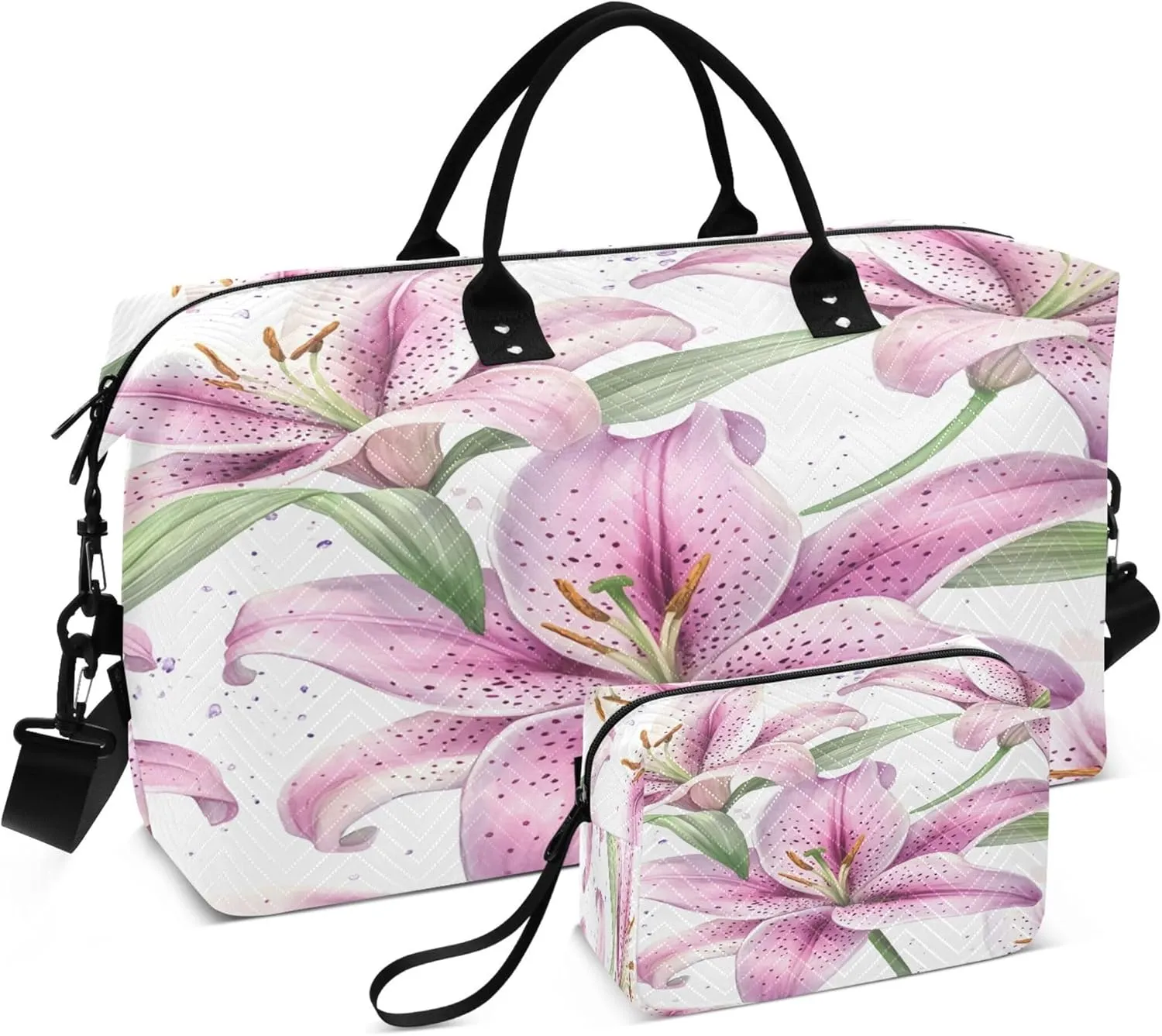 Burbuja Travel Duffel Bag for Women, Pink Lilies Weekender Overnight Bag Shoulder Carry On Tote Bag with Trolley Sleeve, Gym Bag with Toiletry Bag, Large Size