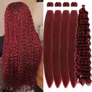 Burgundy Braiding Hair Pre Stretched Dark Red Boho Hair for Braiding Prestretched ez Braid Crochet Curly Deep Wave Braids Knotless Synthetic Boho Braids