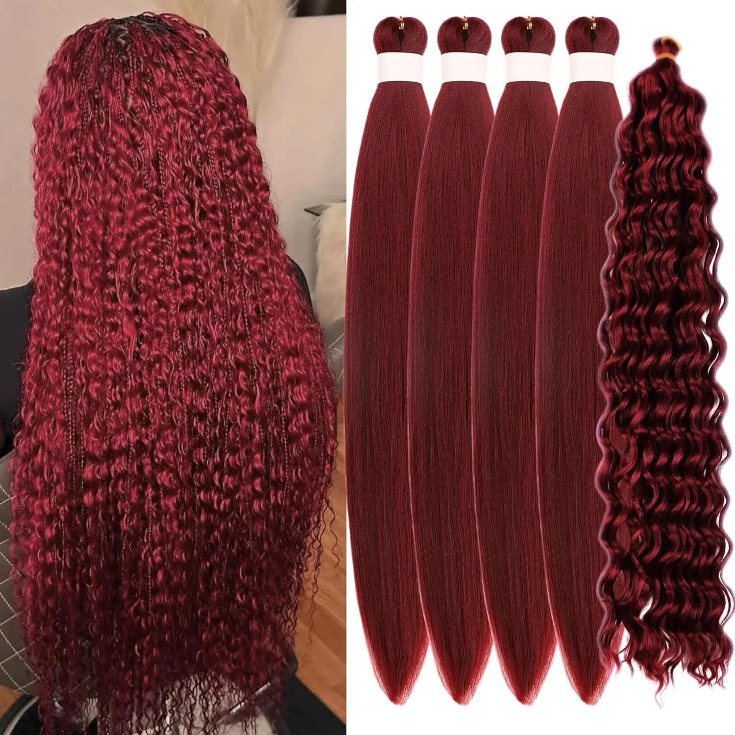 Burgundy Braiding Hair Pre Stretched Dark Red Boho Hair for Braiding Prestretched ez Braid Crochet Curly Deep Wave Braids Knotless Synthetic Boho Braids