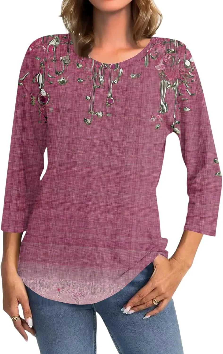Business Casual Outfits for Women Summer Casual Loose 3/4 Sleeve Round Neck Floral Printed T-Shirt Tops Shirts, S-3XL
