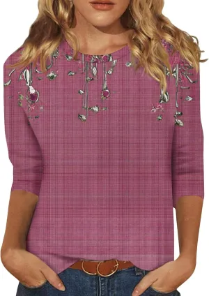 Business Casual Outfits for Women Summer Casual Loose 3/4 Sleeve Round Neck Floral Printed T-Shirt Tops Shirts, S-3XL