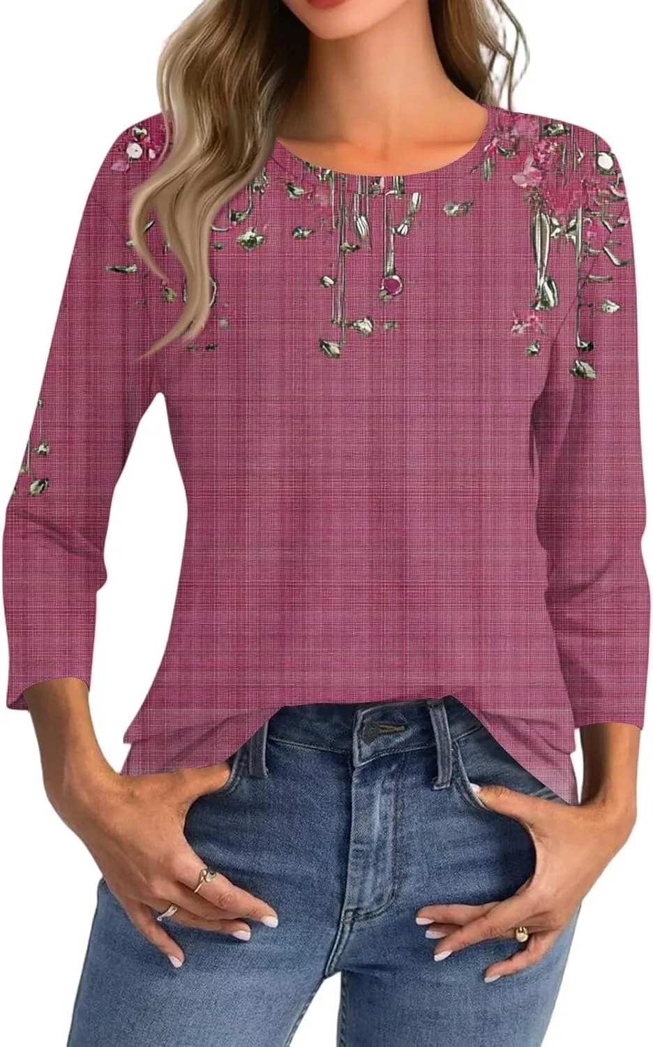 Business Casual Outfits for Women Summer Casual Loose 3/4 Sleeve Round Neck Floral Printed T-Shirt Tops Shirts, S-3XL