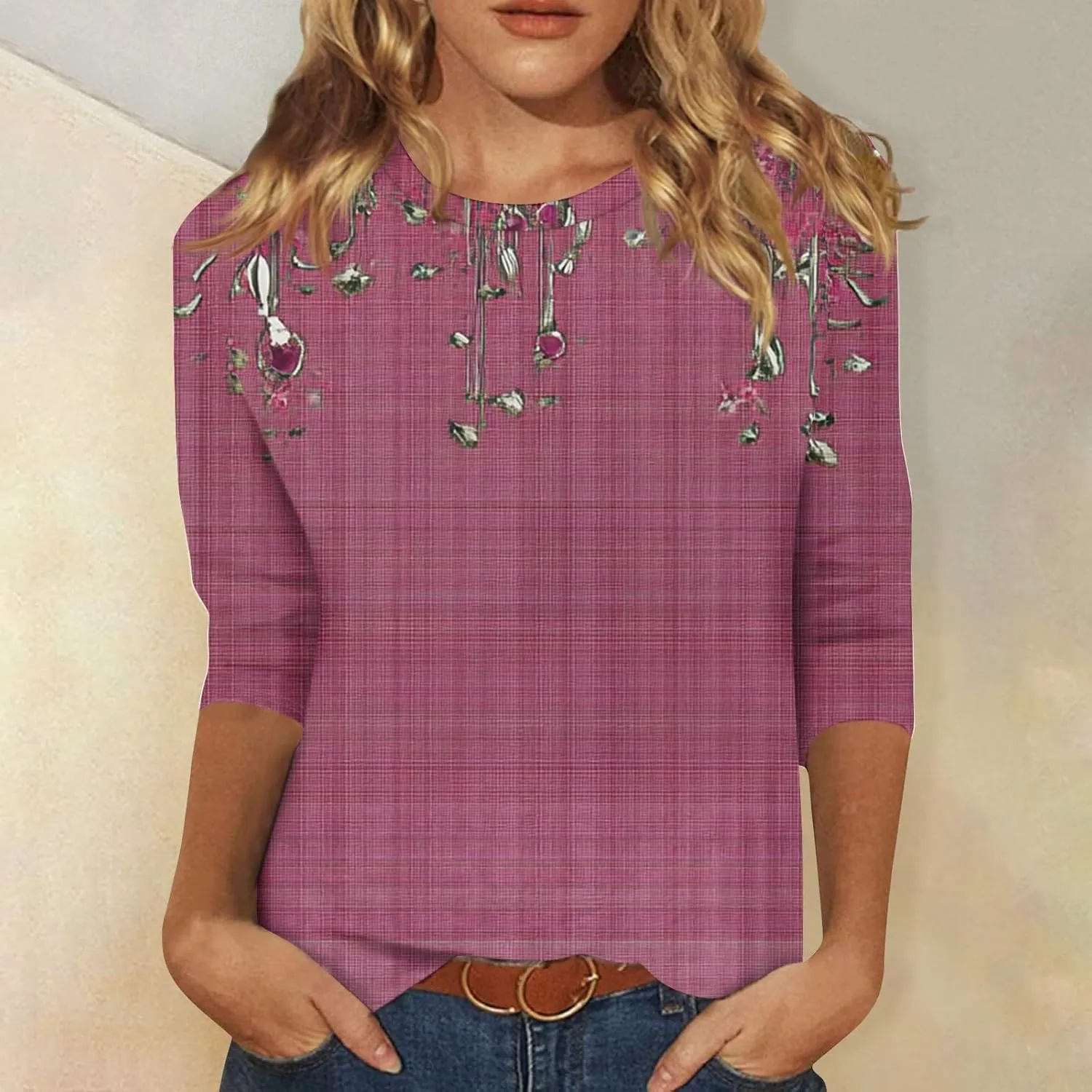 Business Casual Outfits for Women Summer Casual Loose 3/4 Sleeve Round Neck Floral Printed T-Shirt Tops Shirts, S-3XL