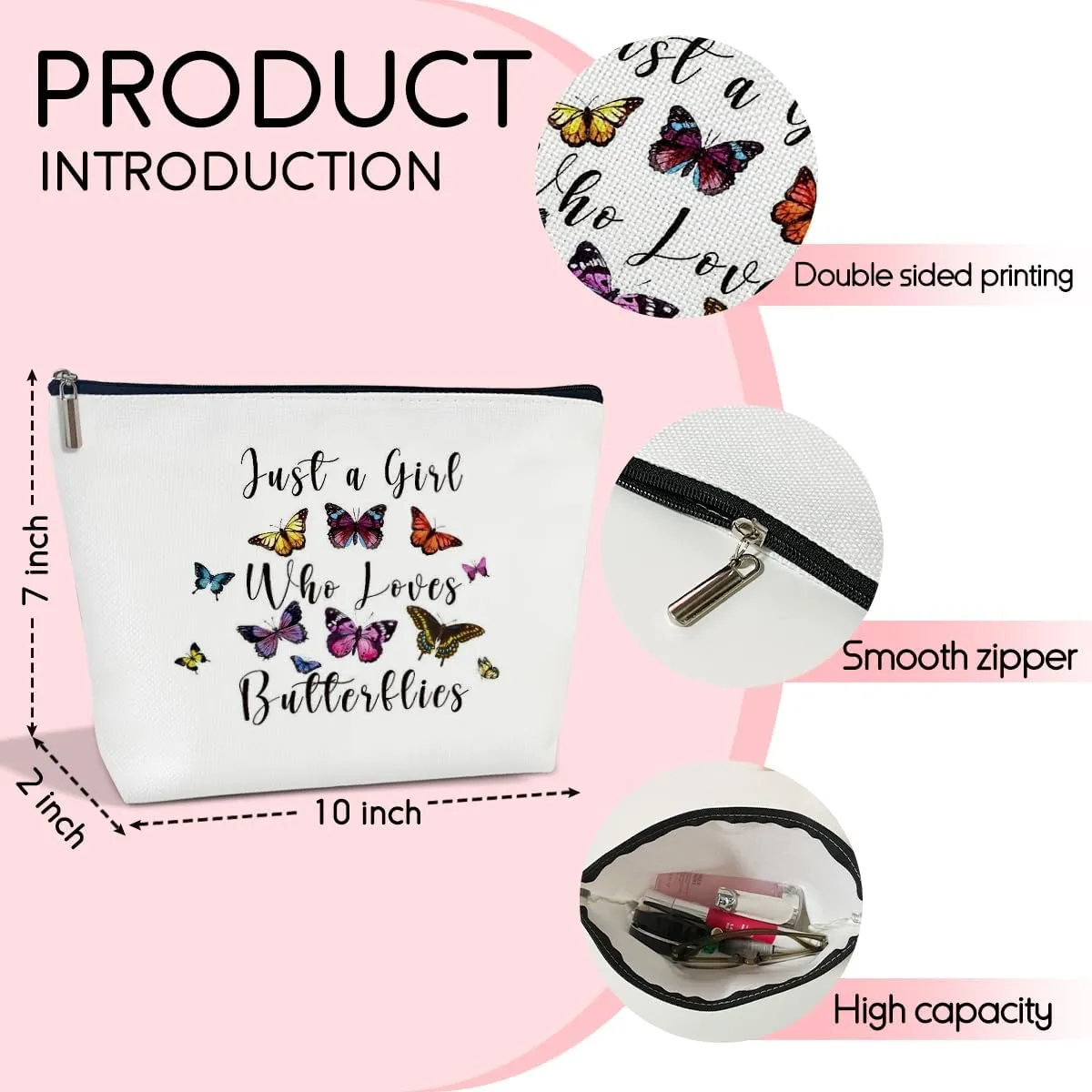 Butterflies Makeup Bag for Women, Butterfly Gifts for Women Butterflies Lover Birthday Gifts for Daughter Sister Besties Coworker Friends Toiletry Cosmetic Bag, Zipper Travel Organizer Pouch -FS302