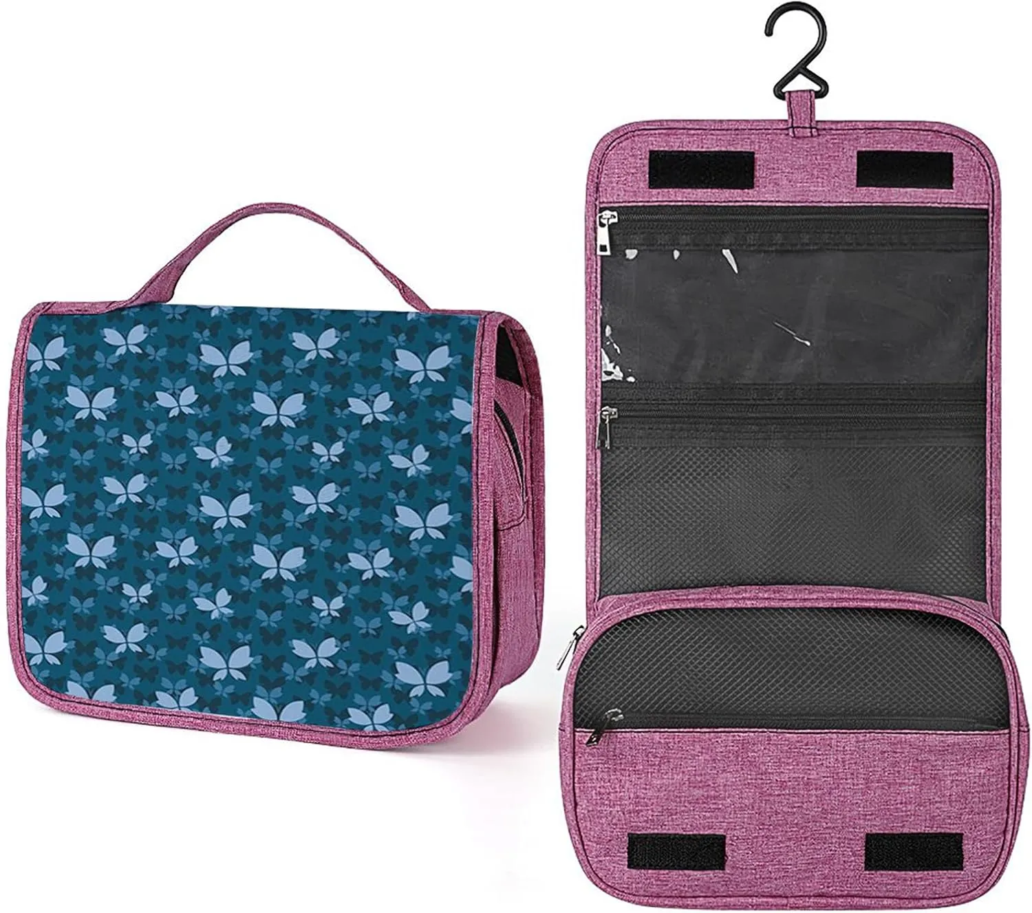Butterflies,Toiletry Bag Travel Bag with Hanging Hook,Butterfly Spring Nature,Water-resistant Makeup Cosmetic Bag Travel Organizer for Accessories,Full-size Container,Blue, Blue_7