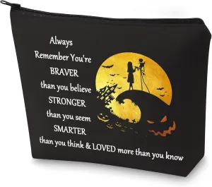 BWWKTOP Jack Fans Cosmetic Makeup Bag Horror Movie Fans Gifts You Are Braver Stronger Smarter Than You Think Halloween Zipper Pouch Bag (Always J & S bl)