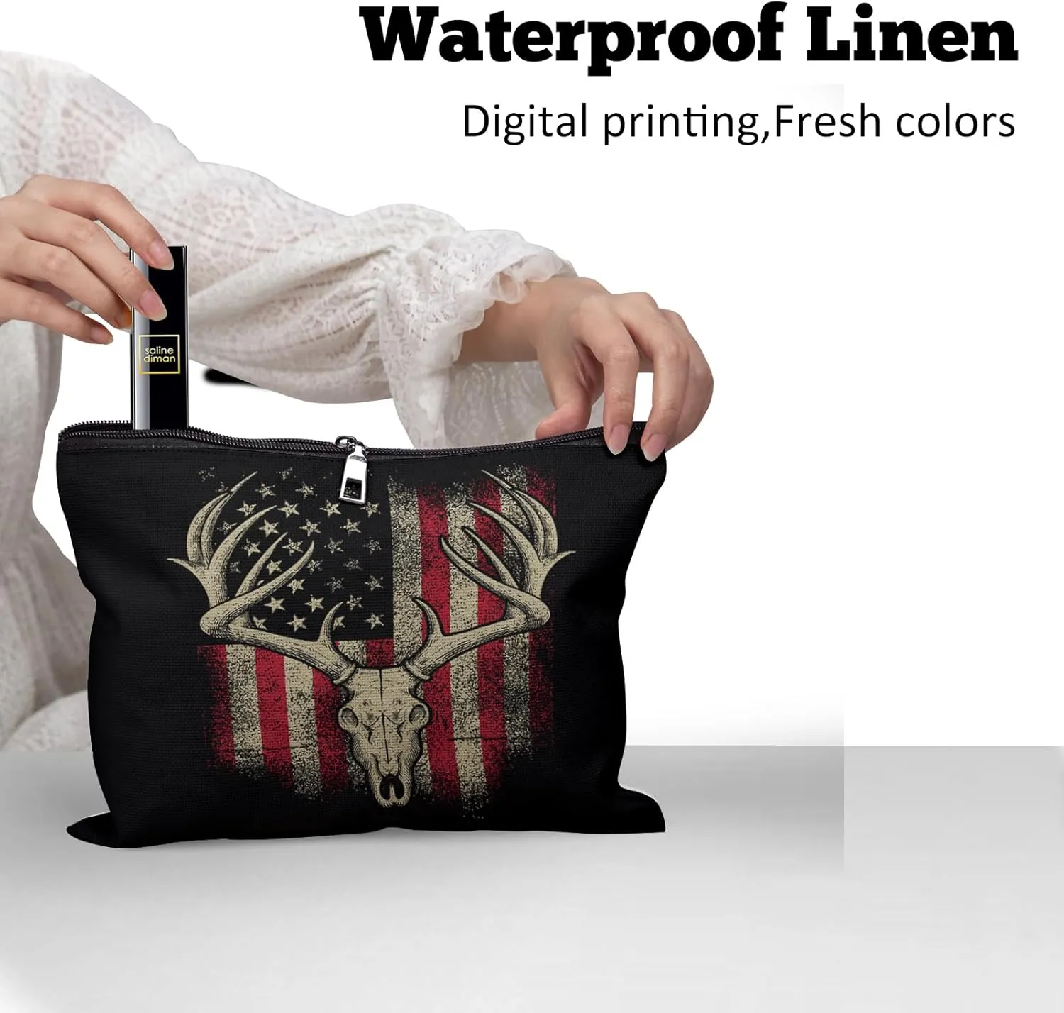 Cafl American Flag Deer Makeup Bag Hunter Cosmetic Bag for Women Large Capacity Make Up Bag Portable Travel Toiletry Pouch Organizer 10 * 8inch