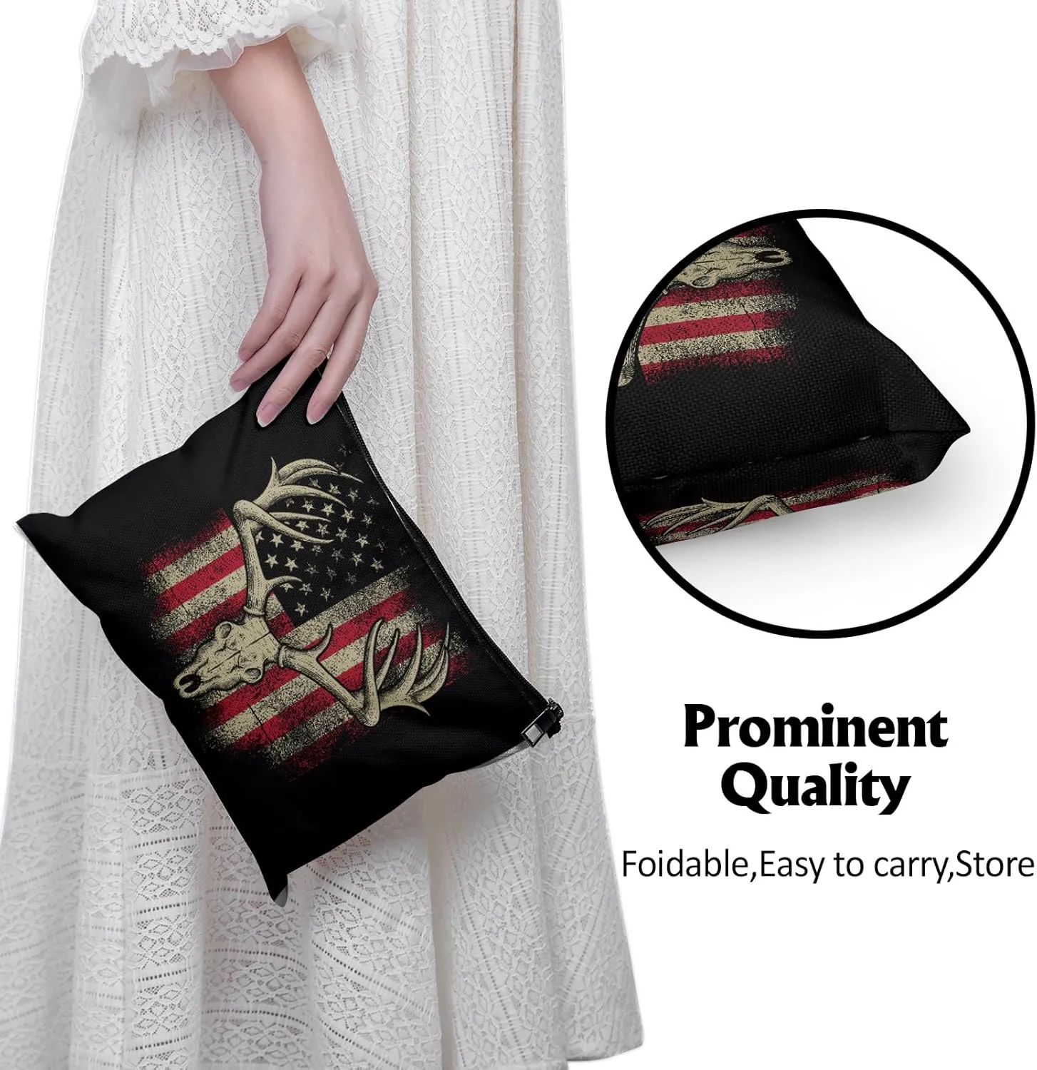 Cafl American Flag Deer Makeup Bag Hunter Cosmetic Bag for Women Large Capacity Make Up Bag Portable Travel Toiletry Pouch Organizer 10 * 8inch