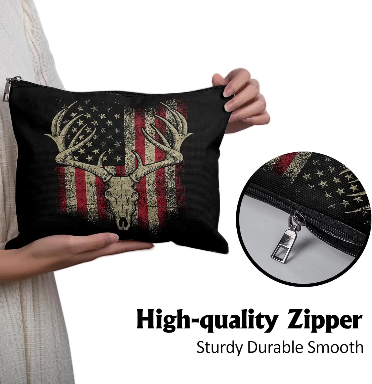 Cafl American Flag Deer Makeup Bag Hunter Cosmetic Bag for Women Large Capacity Make Up Bag Portable Travel Toiletry Pouch Organizer 10 * 8inch