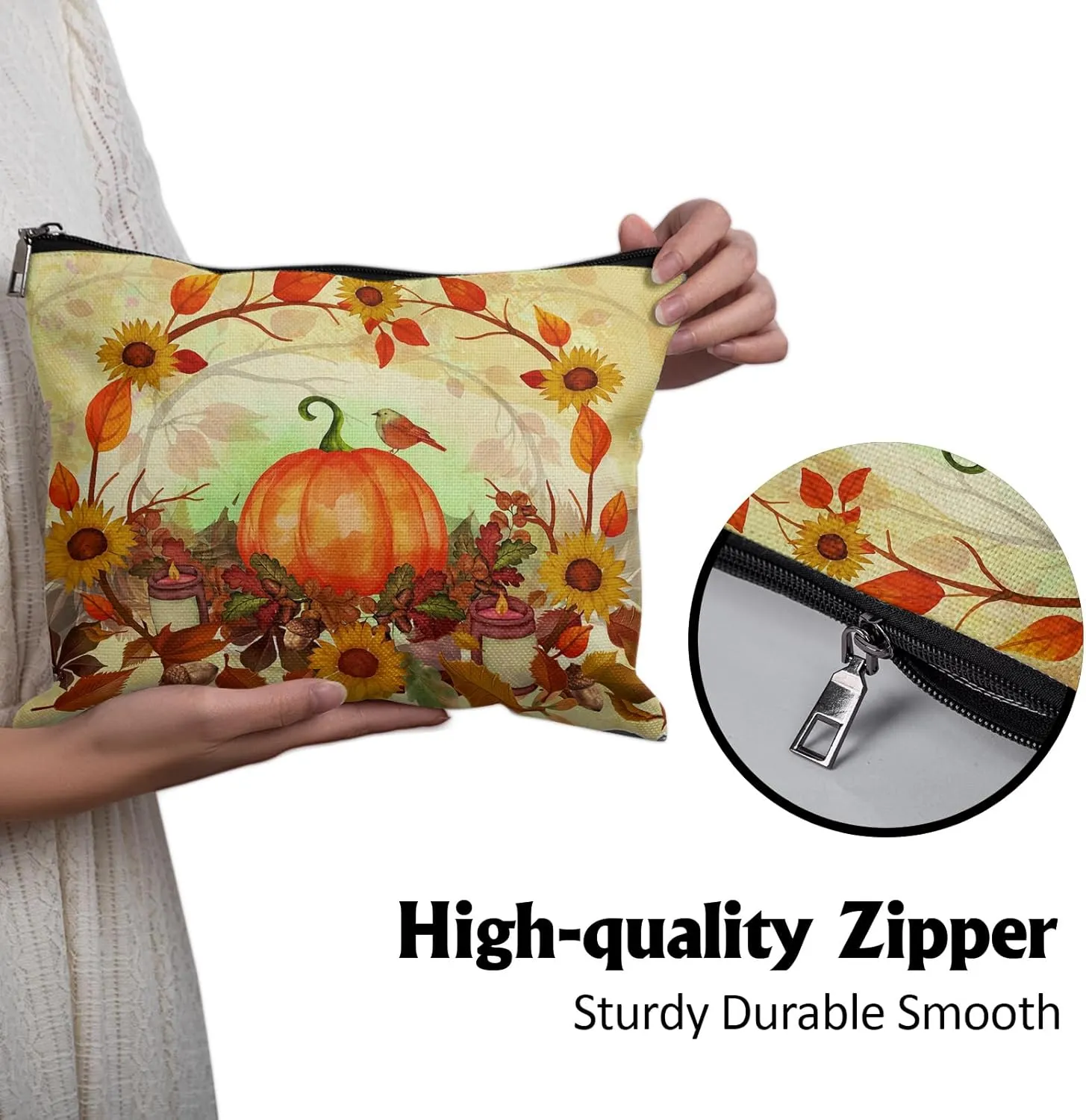 Cafl Autumn Leaves Makeup Bag Halloween Pumpkin Cosmetic Bag for Women Large Capacity Make Up Bag Portable Travel Toiletry Pouch Organizer 10 * 8inch