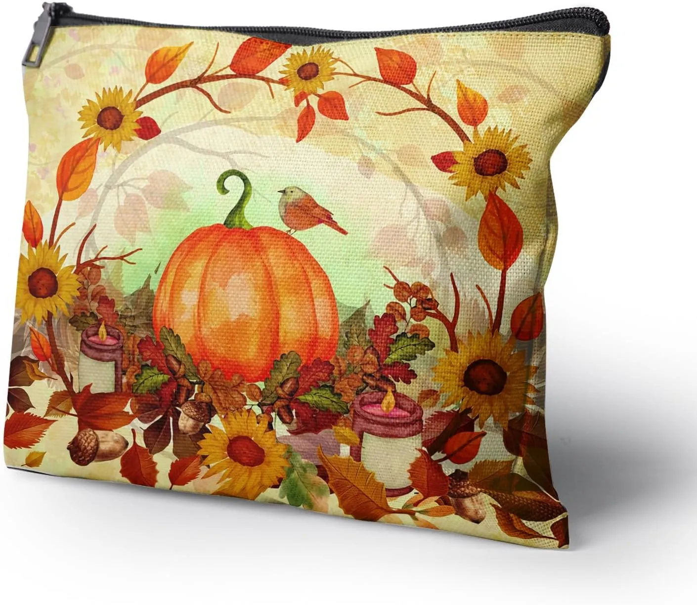 Cafl Autumn Leaves Makeup Bag Halloween Pumpkin Cosmetic Bag for Women Large Capacity Make Up Bag Portable Travel Toiletry Pouch Organizer 10 * 8inch
