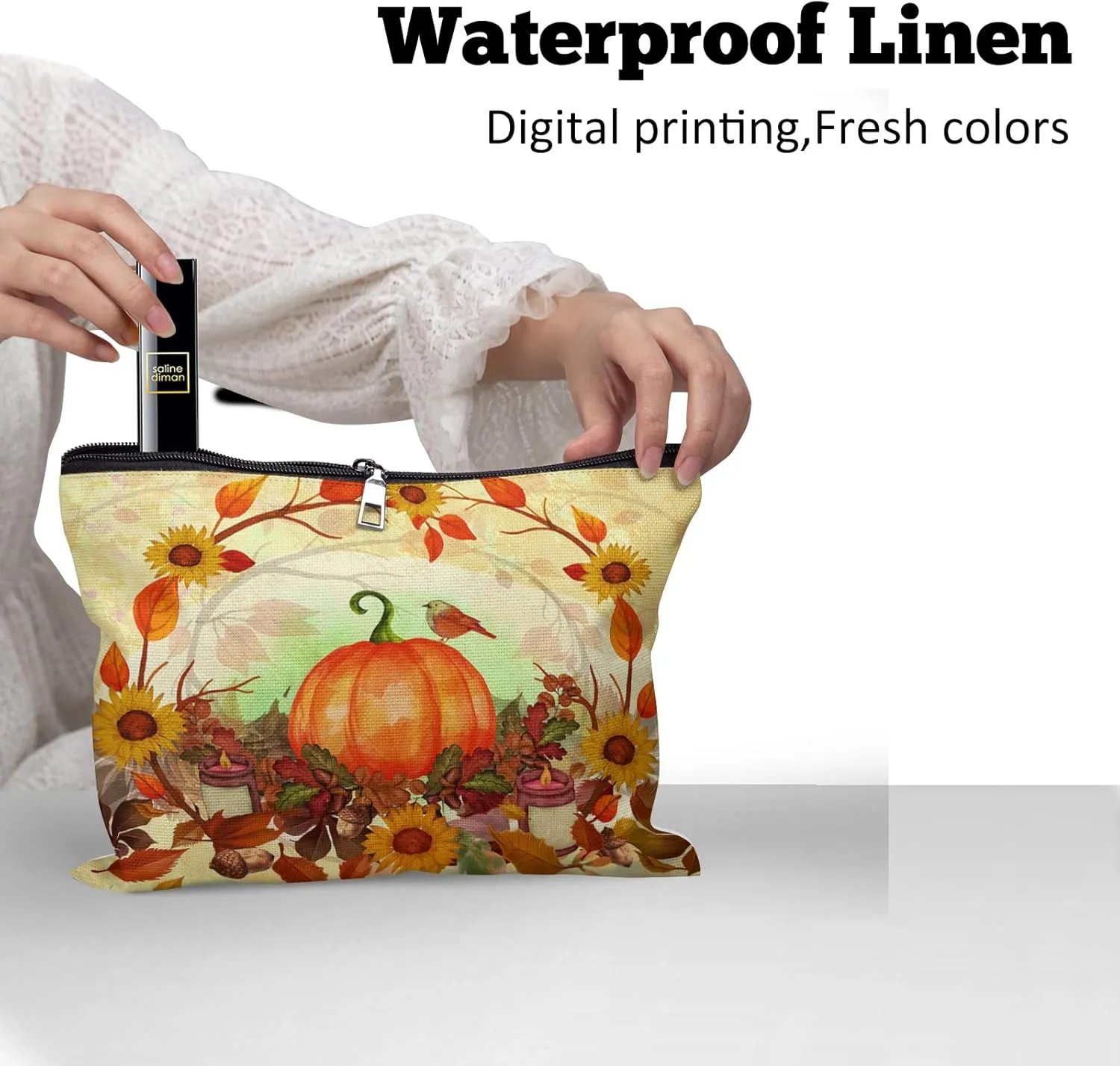 Cafl Autumn Leaves Makeup Bag Halloween Pumpkin Cosmetic Bag for Women Large Capacity Make Up Bag Portable Travel Toiletry Pouch Organizer 10 * 8inch