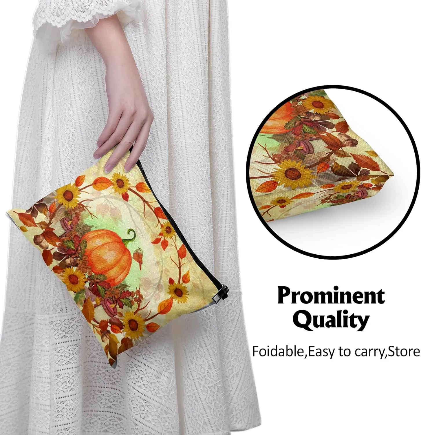 Cafl Autumn Leaves Makeup Bag Halloween Pumpkin Cosmetic Bag for Women Large Capacity Make Up Bag Portable Travel Toiletry Pouch Organizer 10 * 8inch