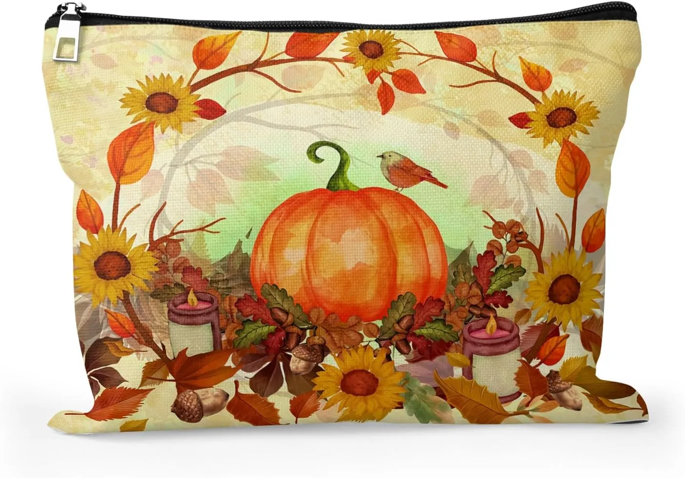 Cafl Autumn Leaves Makeup Bag Halloween Pumpkin Cosmetic Bag for Women Large Capacity Make Up Bag Portable Travel Toiletry Pouch Organizer 10 * 8inch
