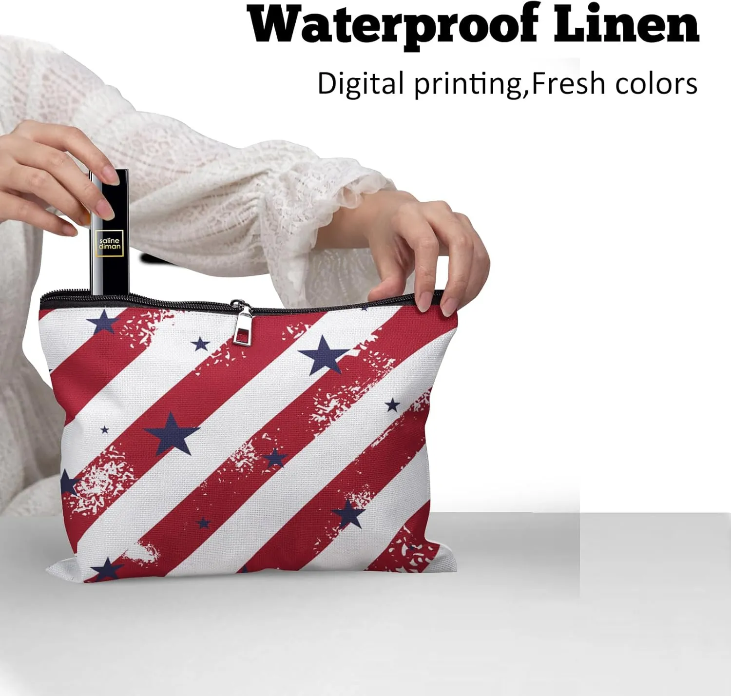 Cafl Patriotic Stars Stripes Makeup Bag Red Cosmetic Bag for Women Blue Large Capacity Travel Toiletry Accessories Organizer 10 * 8in