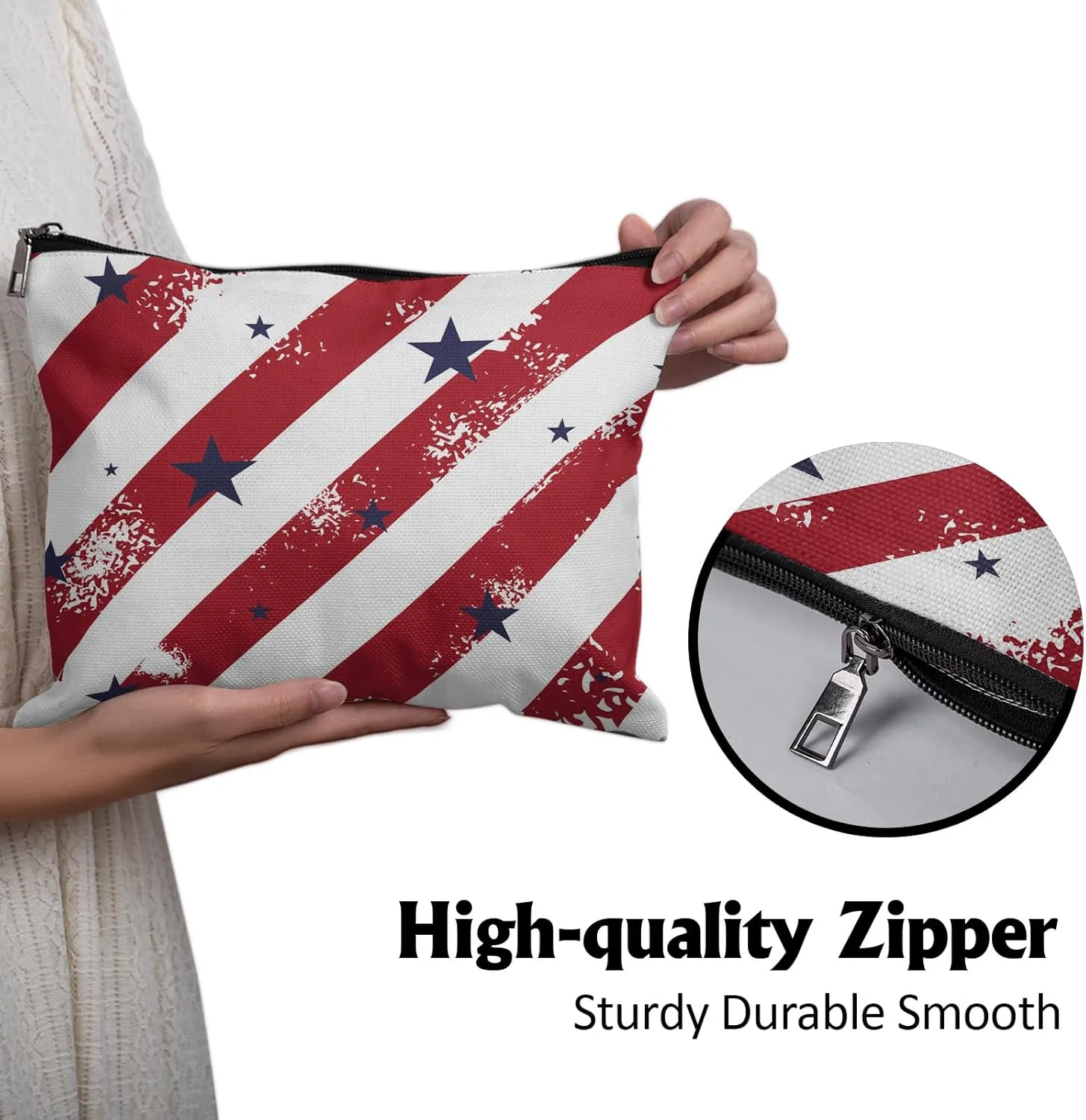 Cafl Patriotic Stars Stripes Makeup Bag Red Cosmetic Bag for Women Blue Large Capacity Travel Toiletry Accessories Organizer 10 * 8in