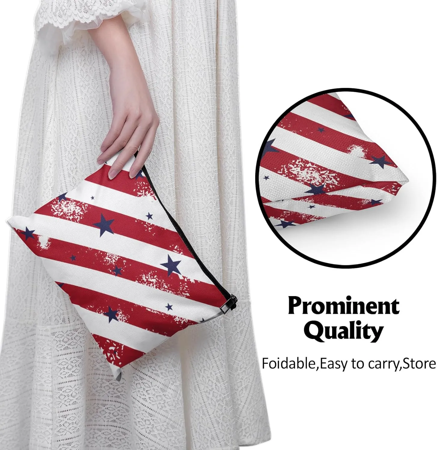 Cafl Patriotic Stars Stripes Makeup Bag Red Cosmetic Bag for Women Blue Large Capacity Travel Toiletry Accessories Organizer 10 * 8in