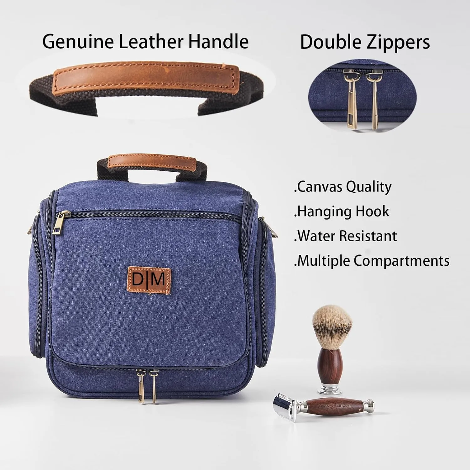 Canvas Toiletry Bag for Men Shaving Dopp Kit Bulk Travel Hanging Makeup Organizer with Sturdy Metal Hook Portable Cosmetic Bag for Women with Large Capacity Blue