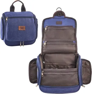 Canvas Toiletry Bag for Men Shaving Dopp Kit Bulk Travel Hanging Makeup Organizer with Sturdy Metal Hook Portable Cosmetic Bag for Women with Large Capacity Blue