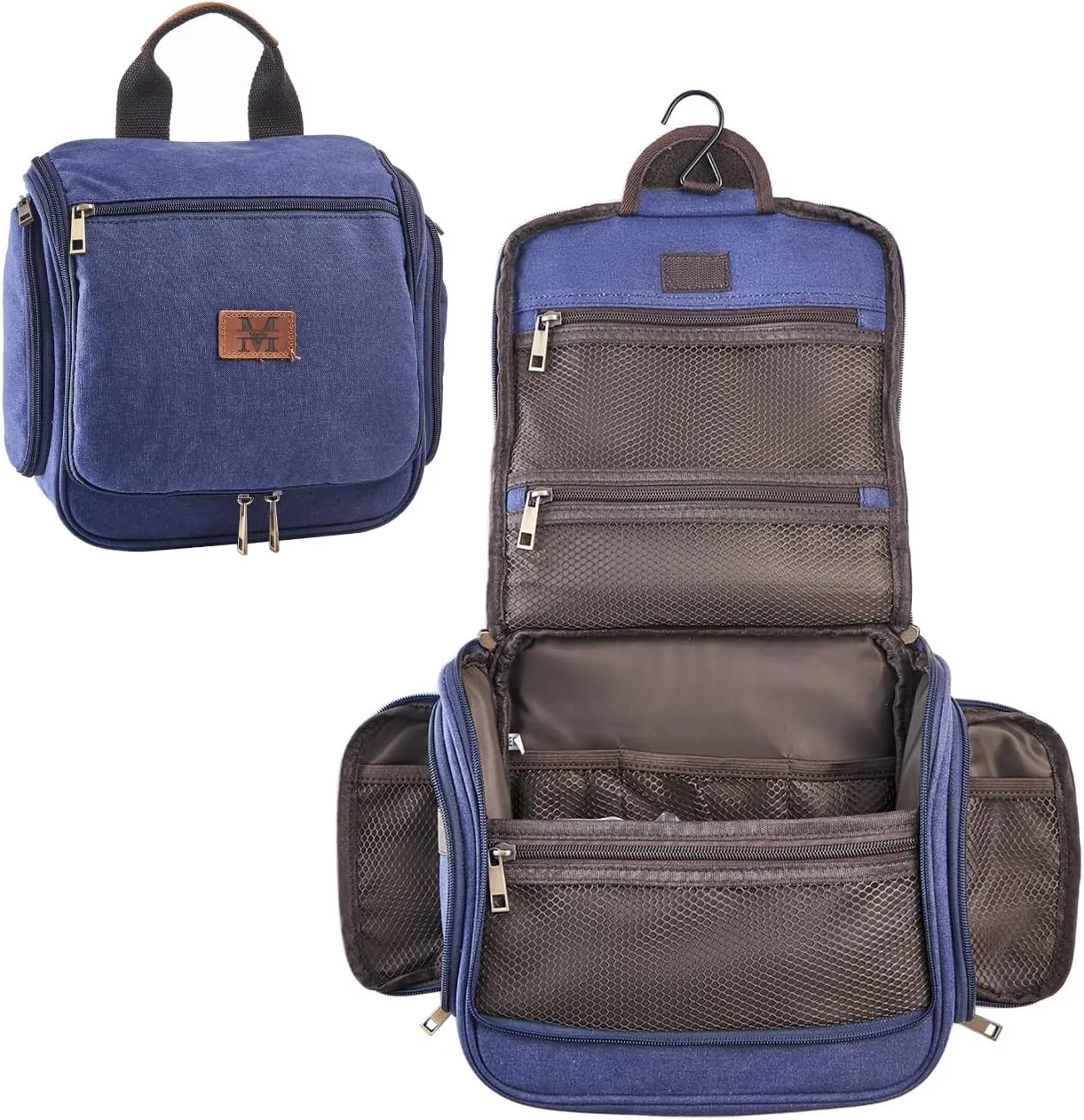 Canvas Toiletry Bag for Men Shaving Dopp Kit Bulk Travel Hanging Makeup Organizer with Sturdy Metal Hook Portable Cosmetic Bag for Women with Large Capacity Blue