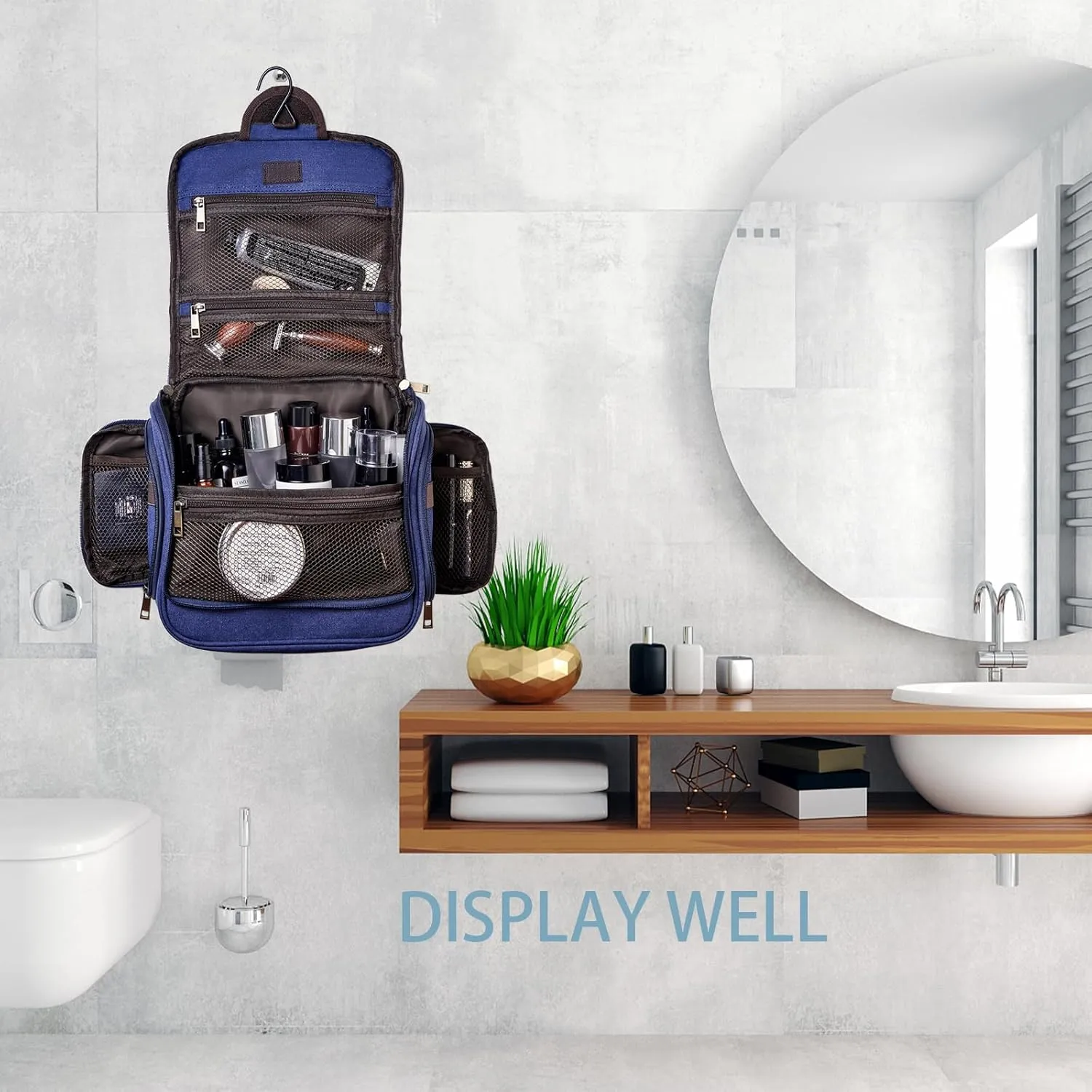Canvas Toiletry Bag for Men Shaving Dopp Kit Bulk Travel Hanging Makeup Organizer with Sturdy Metal Hook Portable Cosmetic Bag for Women with Large Capacity Blue