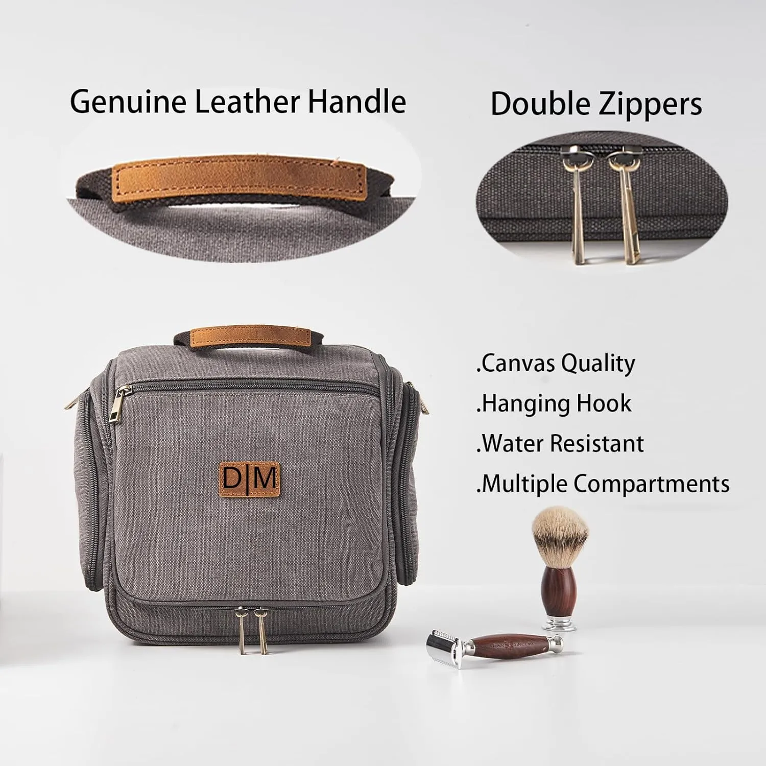 Canvas Toiletry Bag for Men Shaving Dopp Kit Bulk Travel Hanging Makeup Organizer with Sturdy Metal Hook Portable Cosmetic Bag for Women with Large Capacity Grey