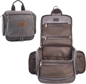 Canvas Toiletry Bag for Men Shaving Dopp Kit Bulk Travel Hanging Makeup Organizer with Sturdy Metal Hook Portable Cosmetic Bag for Women with Large Capacity Grey