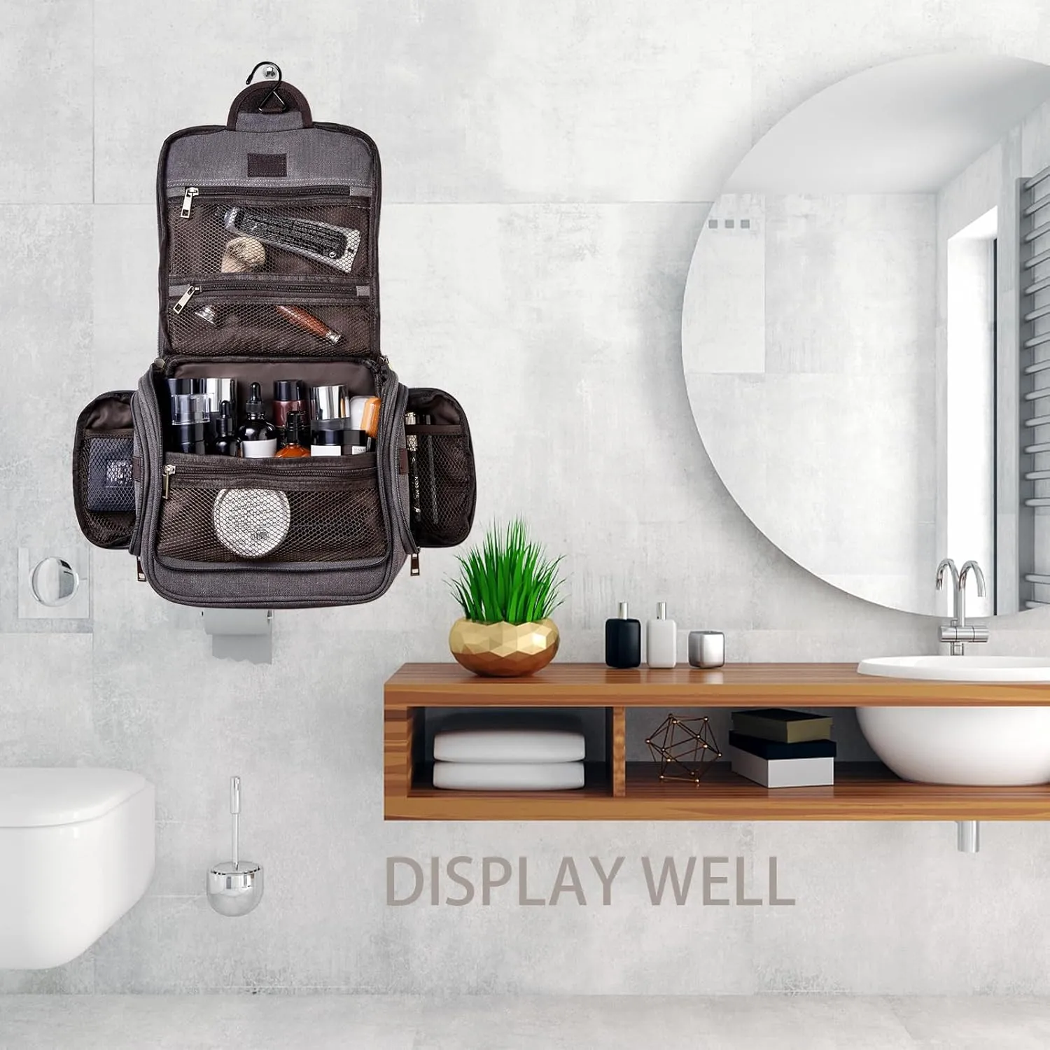 Canvas Toiletry Bag for Men Shaving Dopp Kit Bulk Travel Hanging Makeup Organizer with Sturdy Metal Hook Portable Cosmetic Bag for Women with Large Capacity Grey
