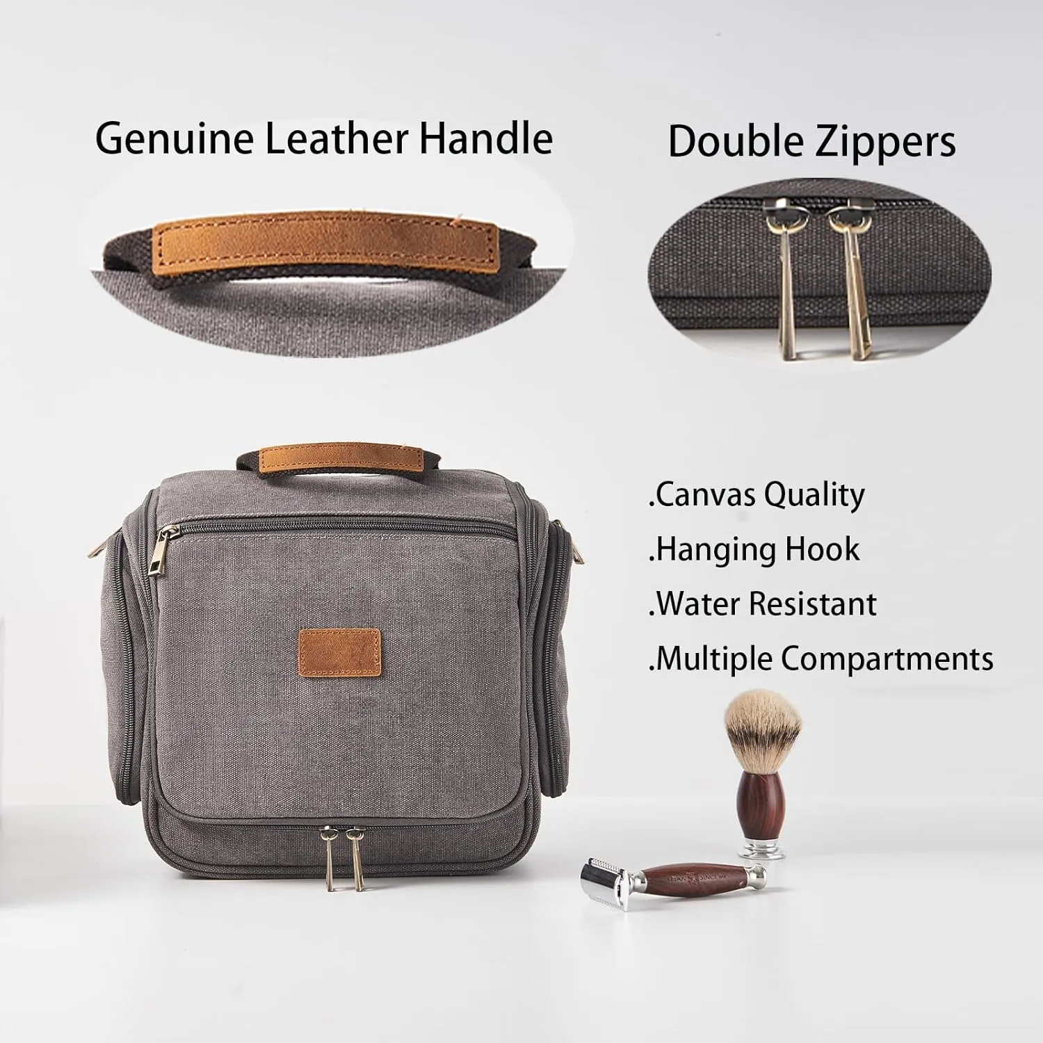Canvas Toiletry Bag for Men Shaving Dopp Kit Bulk Travel Hanging Makeup Organizer with Sturdy Metal Hook Portable Cosmetic Bag for Women with Large Capacity Grey