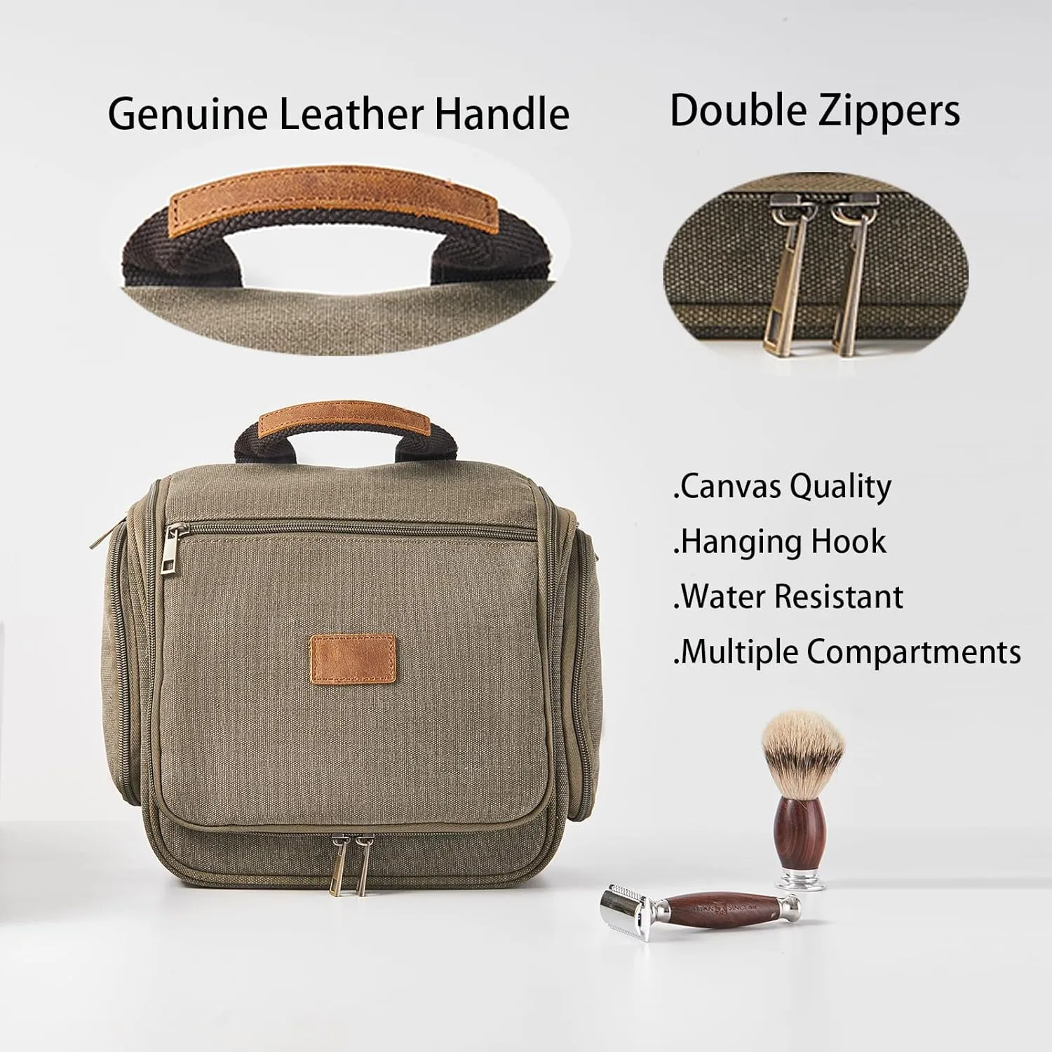 Canvas Toiletry Bag for Men with Sturdy Metal Hook Shaving Dopp Kit Bulk Travel Hanging Makeup Organizer Portable Cosmetic Bag for Women with Large Capacity ArmyGreen