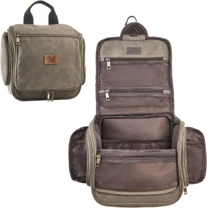 Canvas Toiletry Bag for Men with Sturdy Metal Hook Shaving Dopp Kit Bulk Travel Hanging Makeup Organizer Portable Cosmetic Bag for Women with Large Capacity ArmyGreen