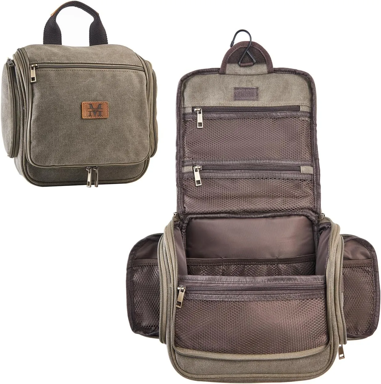 Canvas Toiletry Bag for Men with Sturdy Metal Hook Shaving Dopp Kit Bulk Travel Hanging Makeup Organizer Portable Cosmetic Bag for Women with Large Capacity ArmyGreen