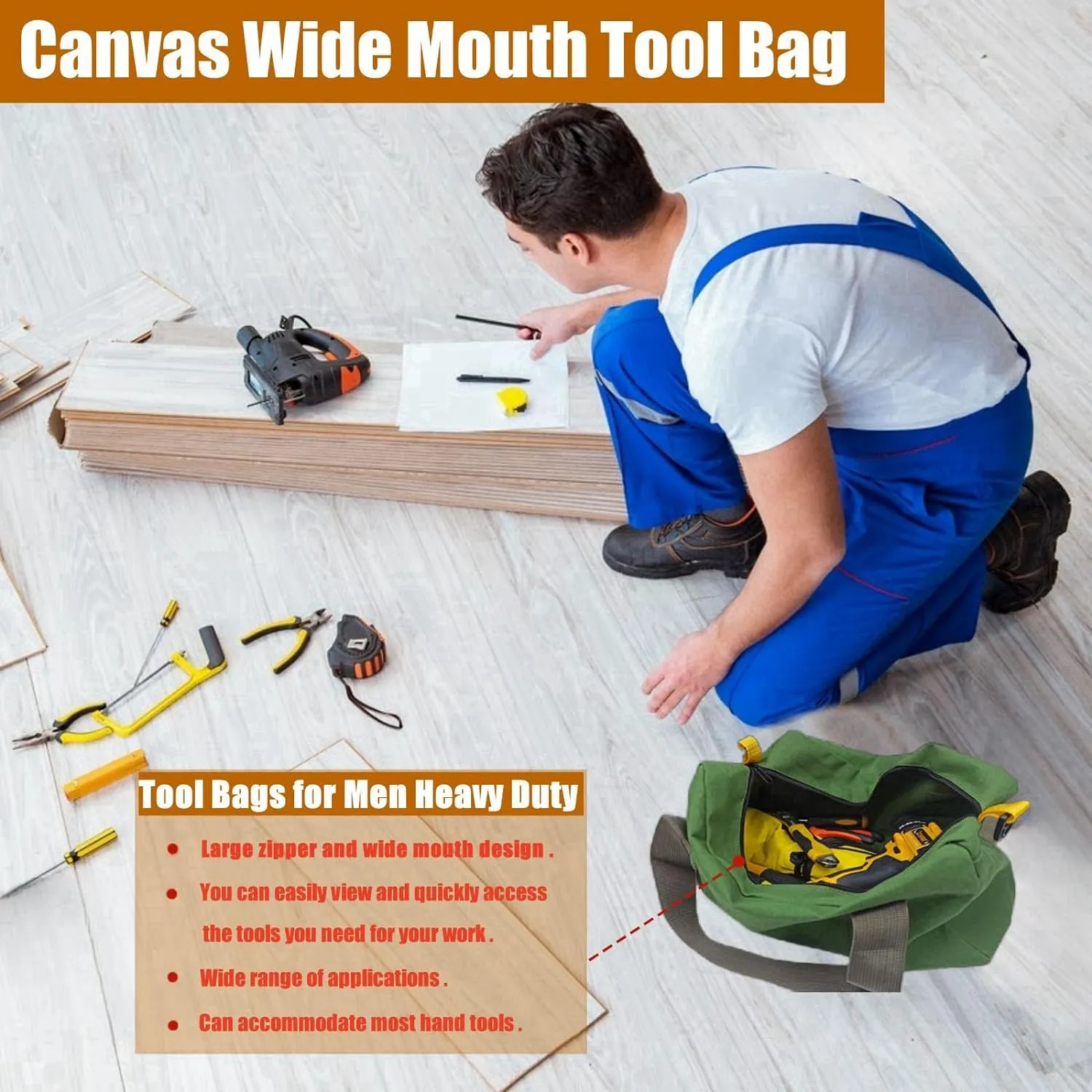 Canvas Wide Mouth Tool Bag, Large Capacity Tool Bags for Men, Portable Home Tool Organizer for Storage Handbag for Screwdrivers, Wrench, Plier, Nails, Pliers Repair Hand Tools (16 Inch)