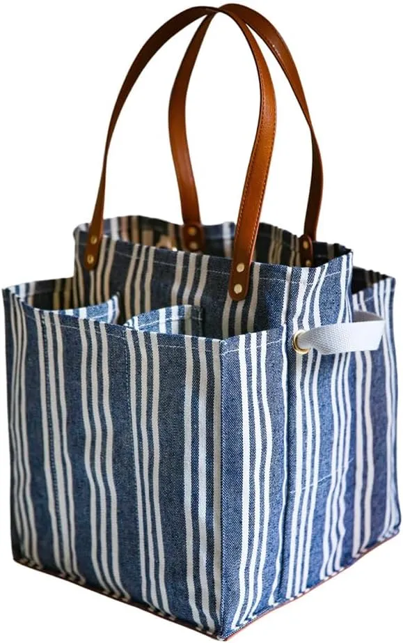 CapaBunga Farmer's Market Tote - 7 Pocket Large Utility Tote with Handles - Heavy Duty Canvas Utility Bag with Vegan Leather Base - Reusable Patterned Grocery Bag