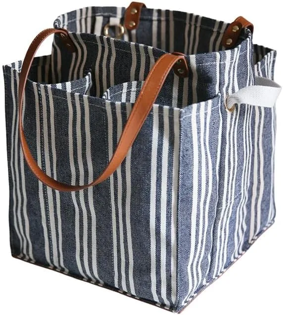 CapaBunga Farmer's Market Tote - 7 Pocket Large Utility Tote with Handles - Heavy Duty Canvas Utility Bag with Vegan Leather Base - Reusable Patterned Grocery Bag