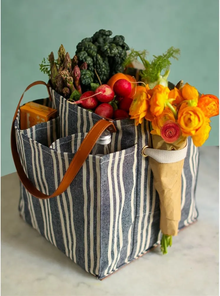 CapaBunga Farmer's Market Tote - 7 Pocket Large Utility Tote with Handles - Heavy Duty Canvas Utility Bag with Vegan Leather Base - Reusable Patterned Grocery Bag