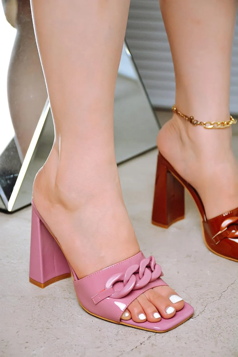 Cape Robbin Letita Chain Square Toe Block Heels (Letita)
