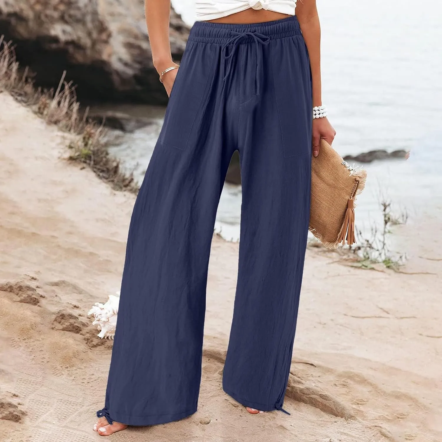 Capri Linen Pants Women Summer Casual 2025 Travel Drawstring Elastic High Waist Straight Wide Leg Cropped Trousers