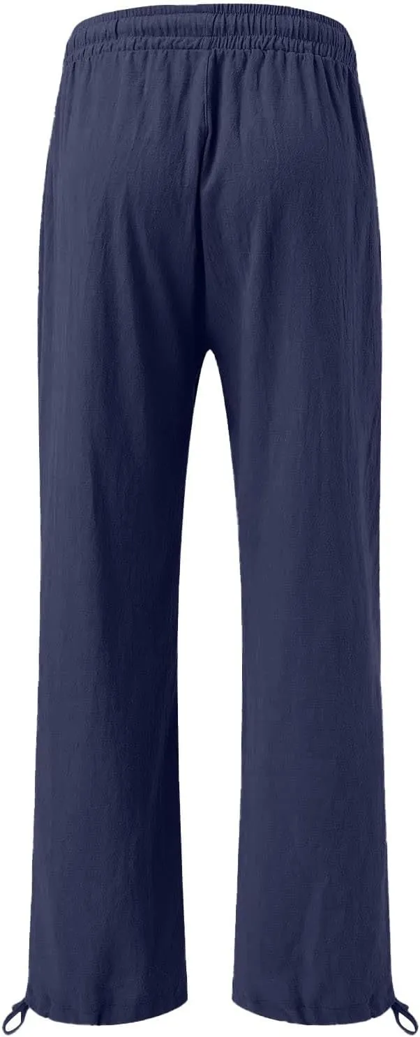 Capri Linen Pants Women Summer Casual 2025 Travel Drawstring Elastic High Waist Straight Wide Leg Cropped Trousers