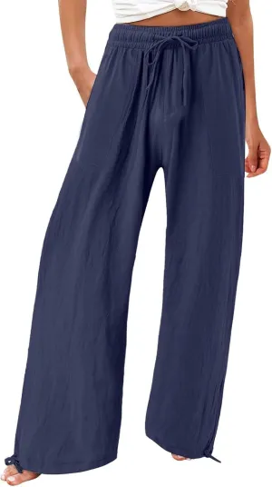 Capri Linen Pants Women Summer Casual 2025 Travel Drawstring Elastic High Waist Straight Wide Leg Cropped Trousers