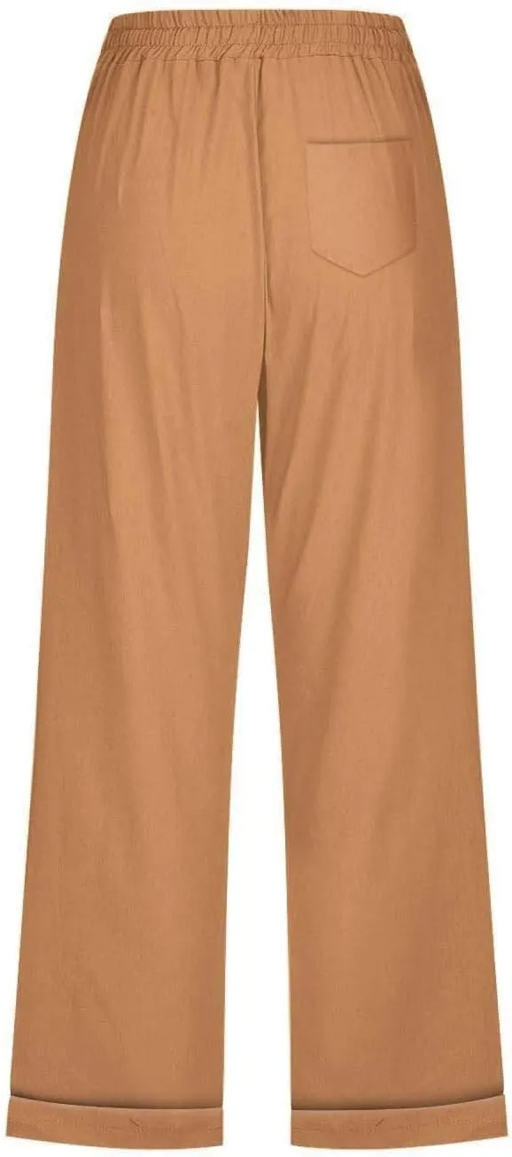 Capri Pants for Women Cotton Linen Casual Summer Capris Plus Size Drawstring Elastic Waist Lounge Pants with Pockets