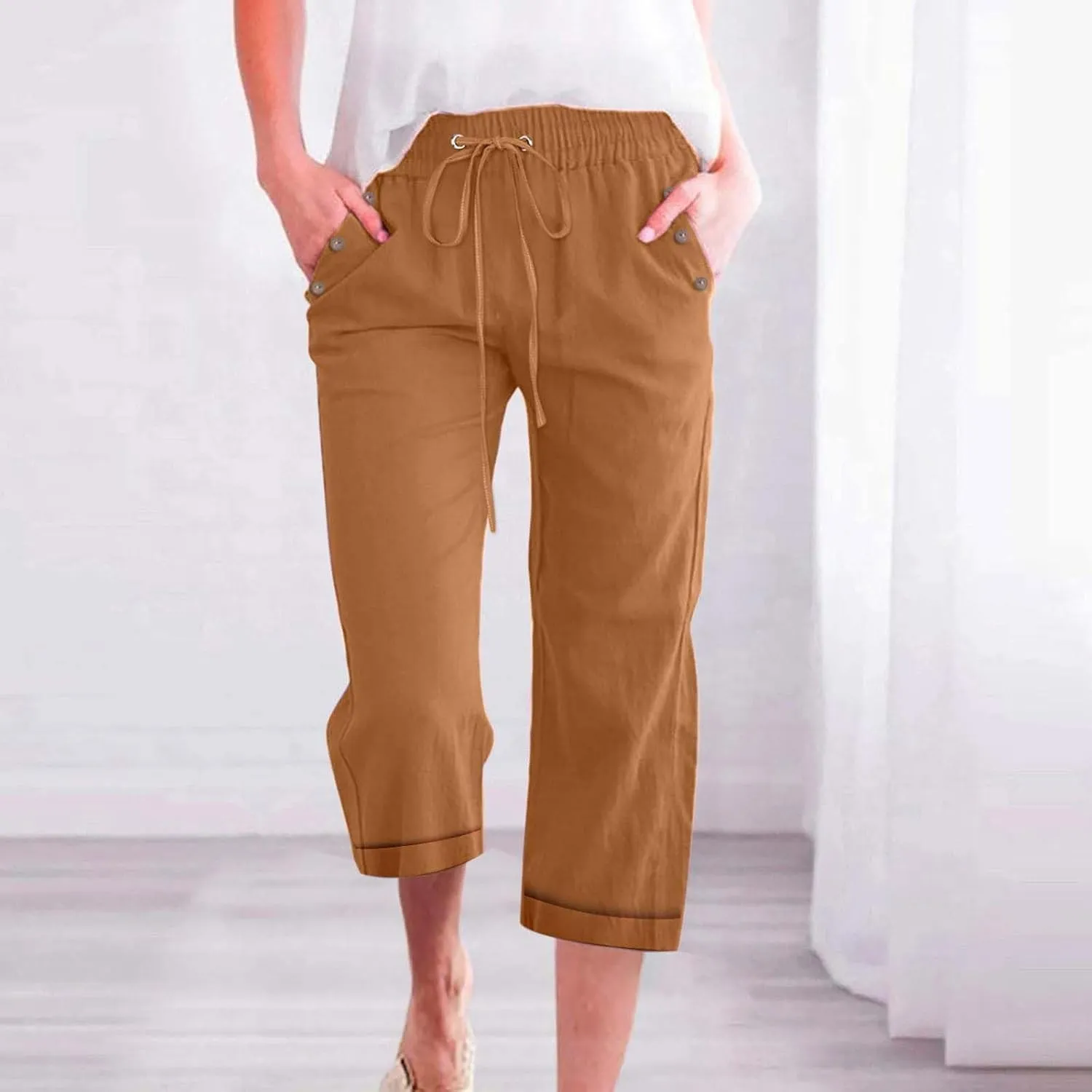 Capri Pants for Women Cotton Linen Casual Summer Capris Plus Size Drawstring Elastic Waist Lounge Pants with Pockets