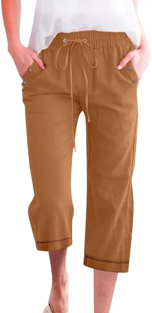 Capri Pants for Women Cotton Linen Casual Summer Capris Plus Size Drawstring Elastic Waist Lounge Pants with Pockets