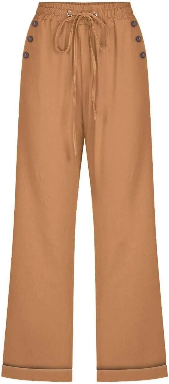 Capri Pants for Women Cotton Linen Casual Summer Capris Plus Size Drawstring Elastic Waist Lounge Pants with Pockets