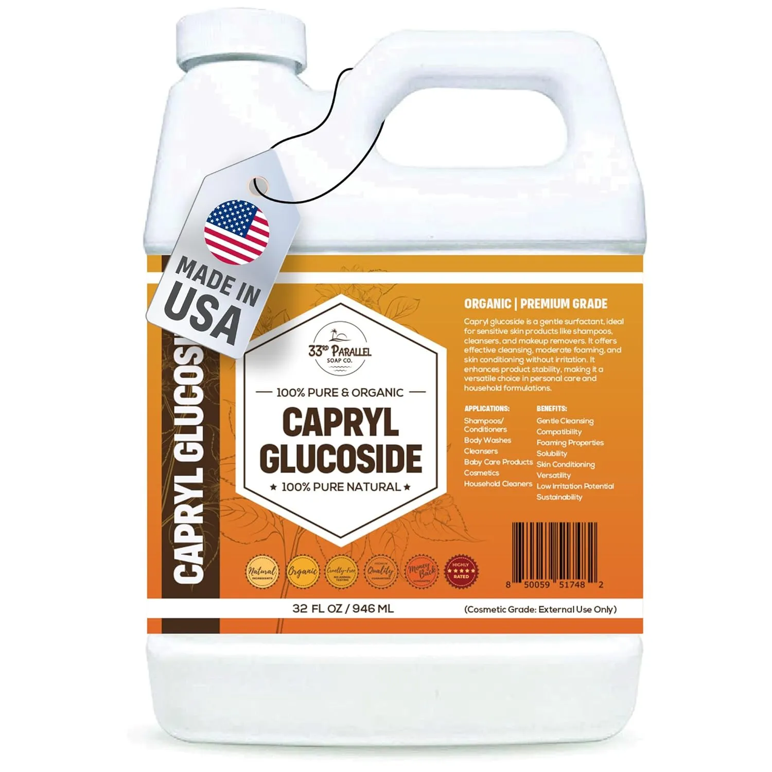 Capryl Glucoside Liquid Surfactant (32 oz) Plant Derived - DIY Skin Care - Facial Cleansers, Body Washes, Shower Gels, Foaming, Body Soap, Shampoos, Baby Products | 32 OUNCES