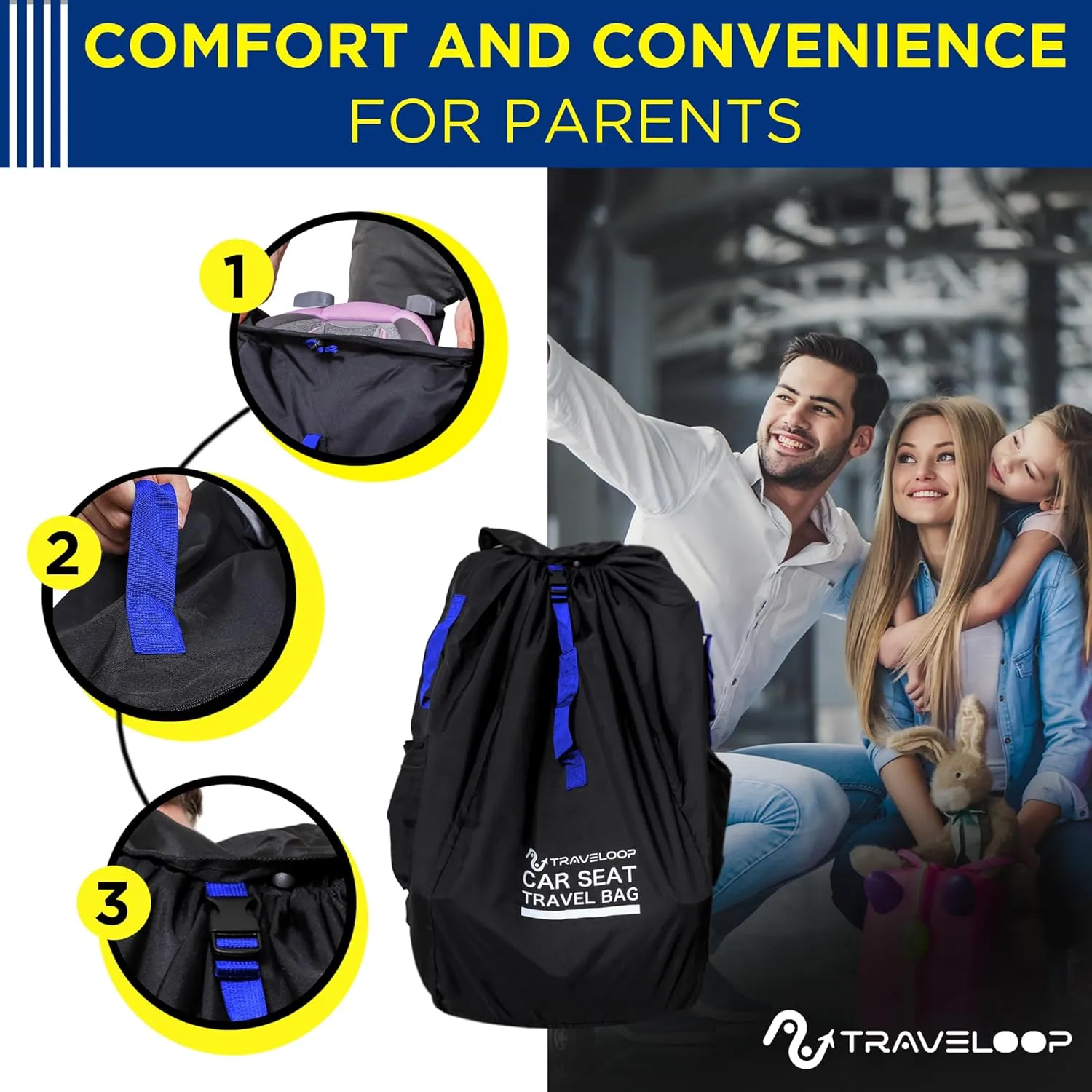 Car Seat Travel Bag for Airplane – Double-Closure Gate Check Bag for Car Seats with Padded Shoulder Straps, Rubberized Carrying Handle & Storage Pouch – 18x18x34in (Blue)