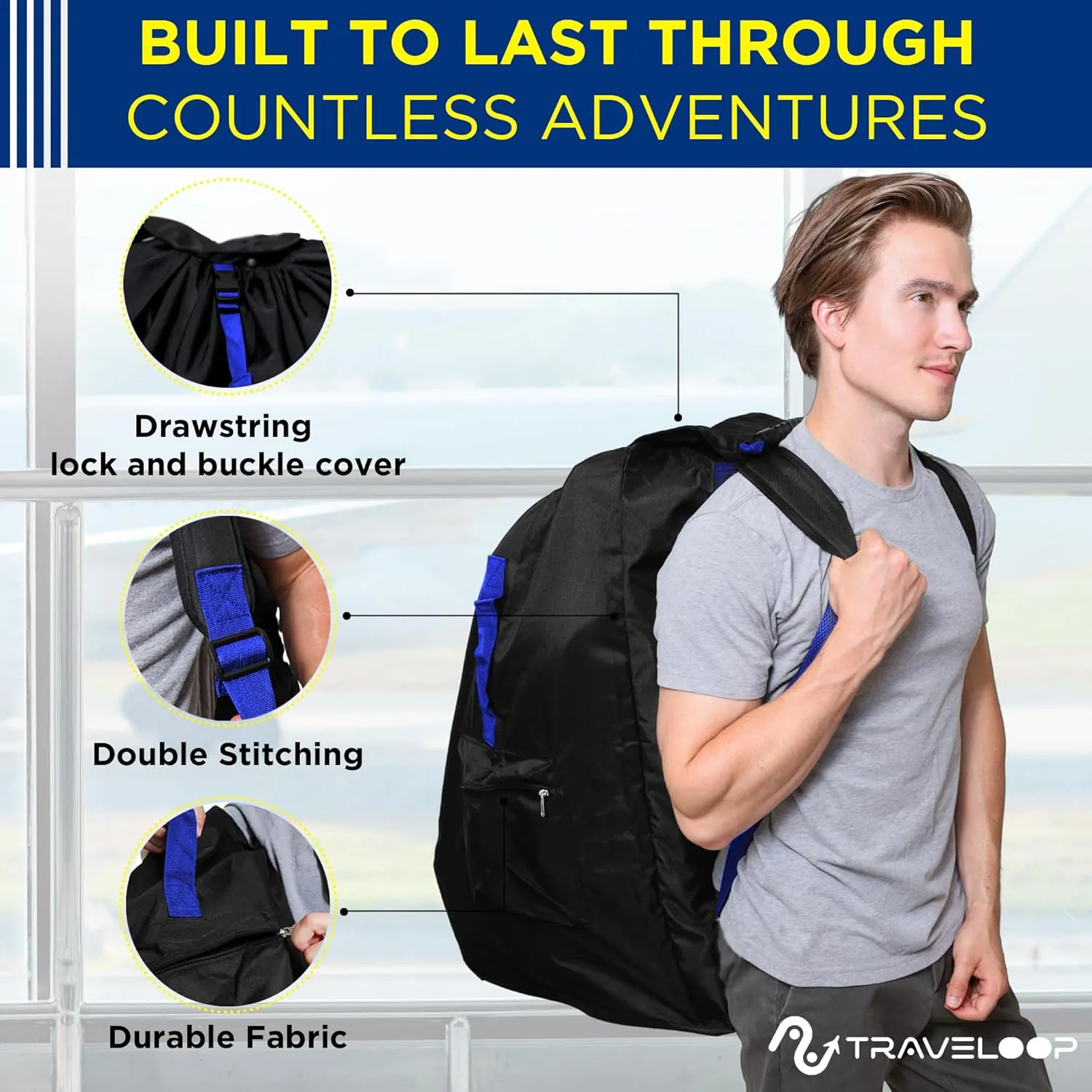 Car Seat Travel Bag for Airplane – Double-Closure Gate Check Bag for Car Seats with Padded Shoulder Straps, Rubberized Carrying Handle & Storage Pouch – 18x18x34in (Blue)