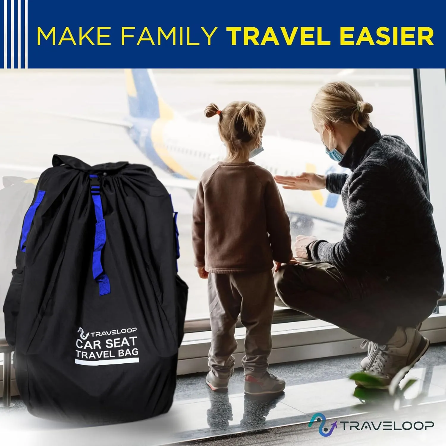 Car Seat Travel Bag for Airplane – Double-Closure Gate Check Bag for Car Seats with Padded Shoulder Straps, Rubberized Carrying Handle & Storage Pouch – 18x18x34in (Blue)