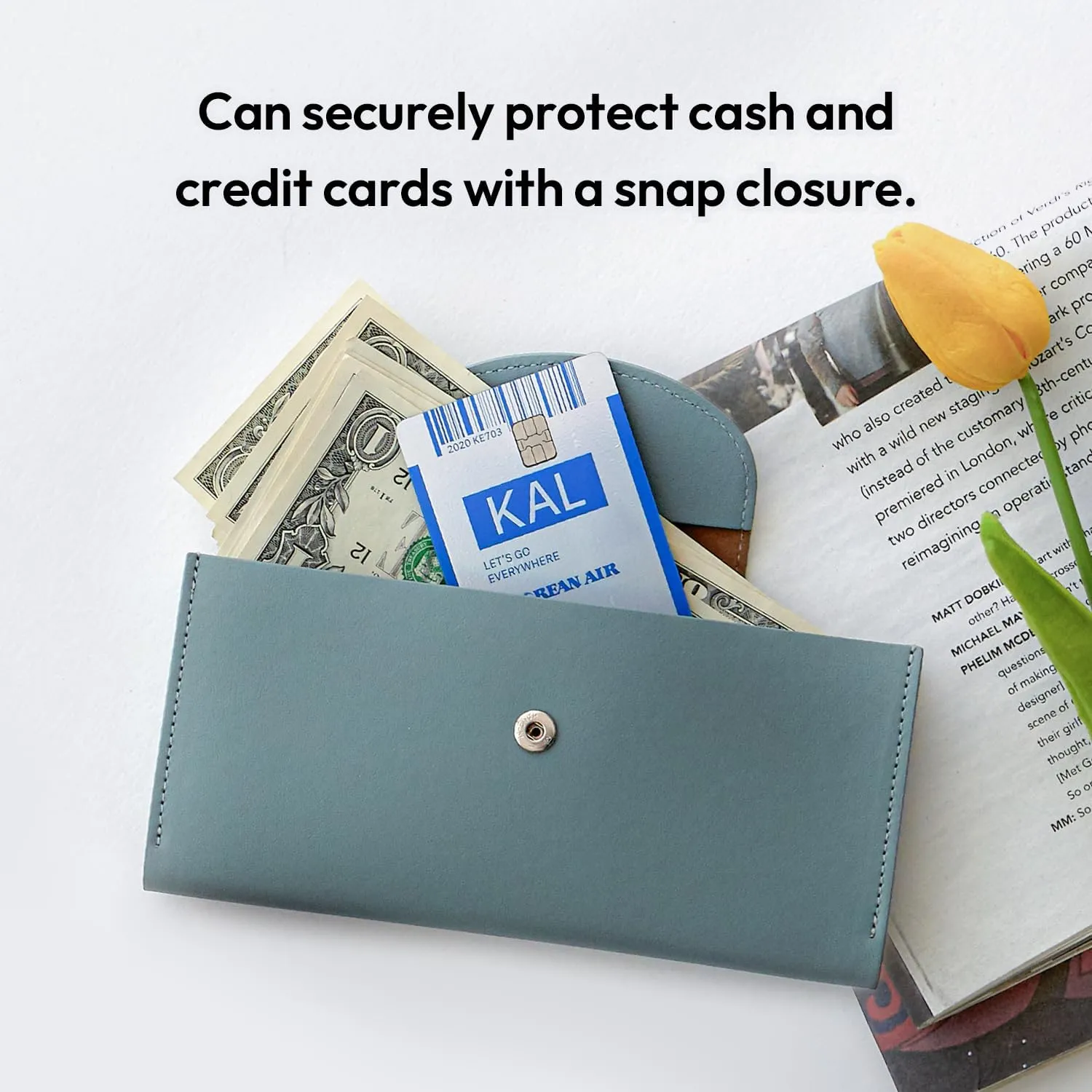 carrotez All-in-One Long Bifold 2-Tier PU Leather Wallet for Women, Money Organizer for Travel, Budgeting, Cash Envelope Wallet for Carrying Cash, Credit Cards & Business Cards - Fog Blue